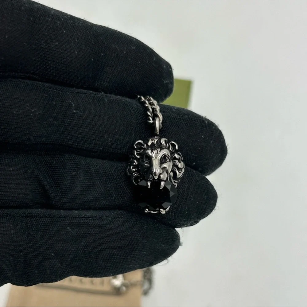 Unisex Gucci, iconic lion had silver tone crystal necklace made in Italy